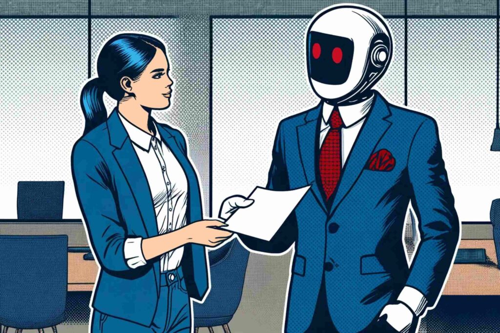 a robot handing over a piece of paper to a woman