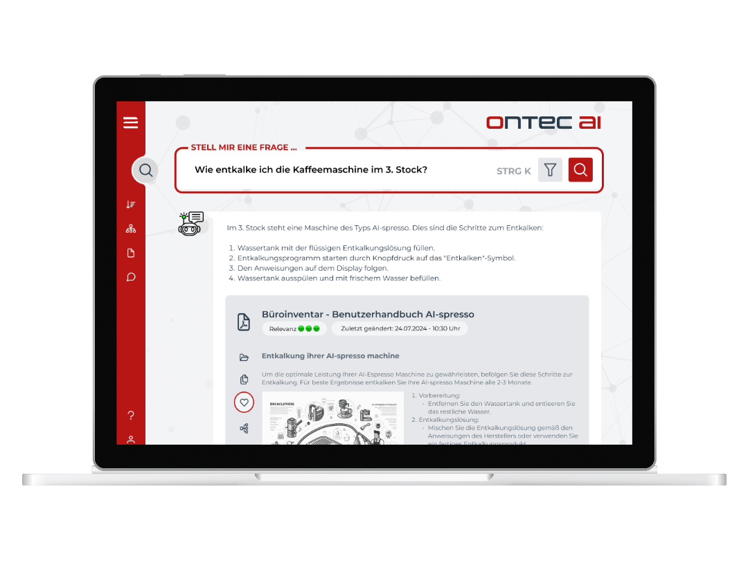 A laptop showing the user interface of ontec ai, consisting of a question and answer output