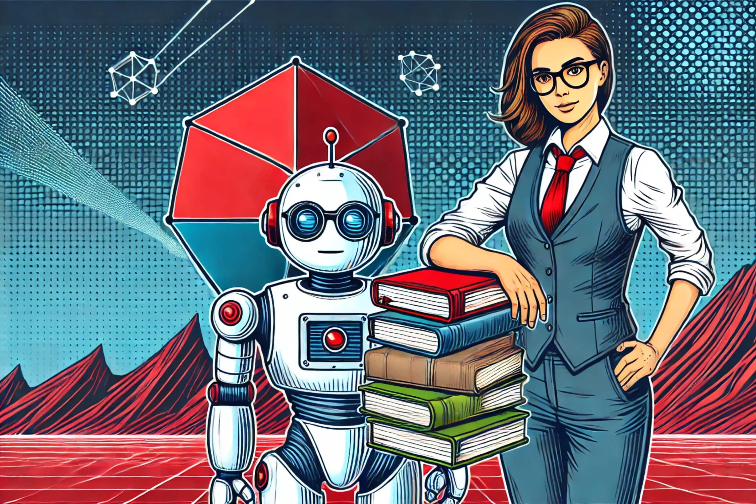 Eine Frau und ein Roboter als Symbol für digitale Assistenz mit einem Stapel Büchern