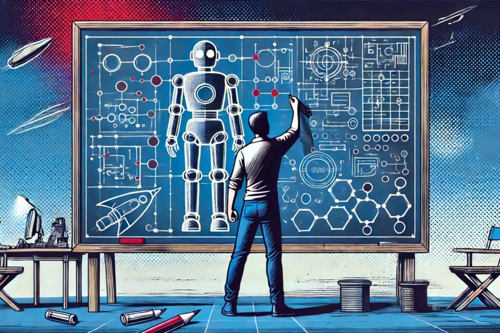 ein Mensch zeichnet eine künstliche intelligenz und einen Blueprint auf eine Tafel